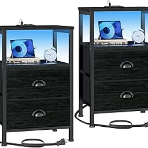 LED Nightstands Set of 2 with Charging Station & USB Ports - Black End Tables