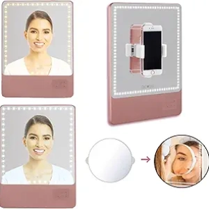 Riki Skinny Duo Lighted Mirror - Travel Makeup Mirror with 5X Magnification & Bluetooth Selfie