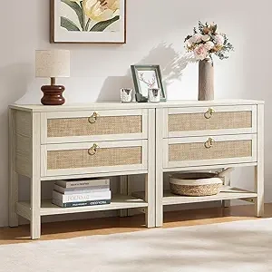 White Rattan Nightstand Set of 2 - Boho Bedside Tables with Drawers & Storage