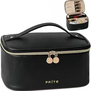 Prite Makeup Bag with Brush Holder - Waterproof Vegan Leather Cosmetic Organizer for Women