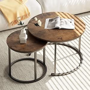 Round Nesting Coffee Table Set of 2 - Modern Industrial Side Table with Metal Frame