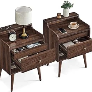 VASAGLE Nightstands Set of 2 with Hidden Drawers - Mid-Century Walnut Bedside Tables