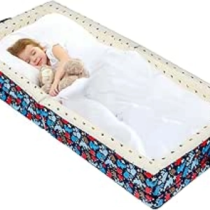 Portable Foldable Toddler Travel Bed - 100% Cotton Lining, Washable Cover, Ocean Blue