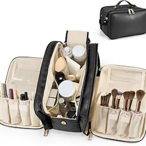 Large Capacity Travel Makeup Bag for Women | Waterproof Cosmetic Organizer with Brush Holder