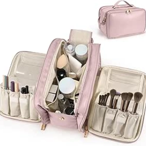 Large Capacity Travel Makeup Bag for Women - Waterproof Cosmetic Organizer with Brush Holder