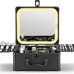 Qislee Makeup Box with LED Lighted Mirror & Travel Case - Professional Cosmetic Organizer