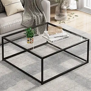 Black Square Glass Coffee Table 26in - Modern Living Room Center Table, Easy Assembly