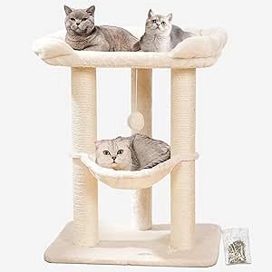 28" Large Cat Tree Tower for Maine Coon Cats - Sturdy Sisal Scratch Post with Bed & Hammock