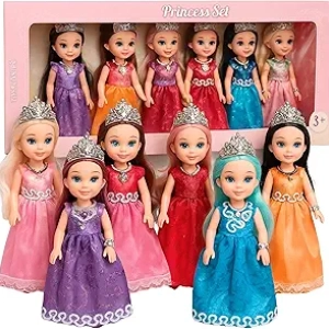 Princess Dolls Playset for Kids - 6 Mini Dolls with Gowns, Crowns & Accessories