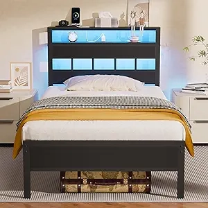 Twin Bed Frame with RGB LED Lights & Charging Station - Black Oak Platform Bed