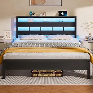 Queen Bed Frame with LED Lights, Storage Headboard & Charging Station