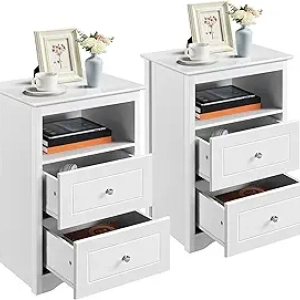 Yaheetech Tall Nightstand Set of 2 - White Bedside Table with Drawers & Storage