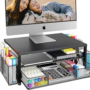 OPNICE 2-Tier Monitor Stand Desk Organizer with Drawer & Pen Holders - Ergonomic Laptop Riser