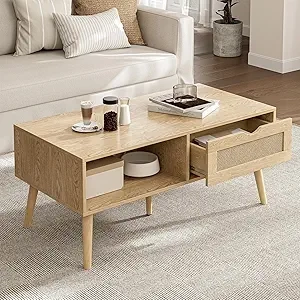 Boho Rattan Coffee Table with Storage - Oak Wood Dining Table for Living Room