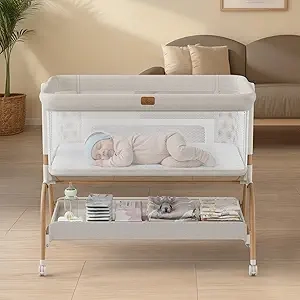 3-in-1 Baby Bassinet Bedside Crib with Adjustable Height & Full-Mesh Sides