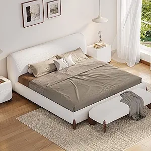 King Size Boucle Platform Bed Frame with Upholstered Headboard - Modern White Design