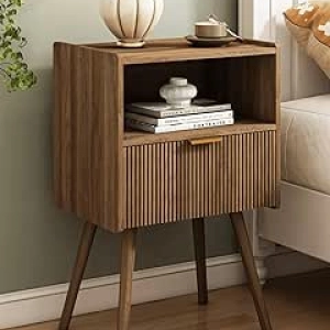 Modern Walnut Nightstand with Storage Drawer & Wood Shelf - Bedside Table for Small Spaces