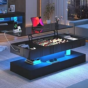 47" Lift Top Coffee Table with LED Lights & Power Outlets - Modern High Gloss Black
