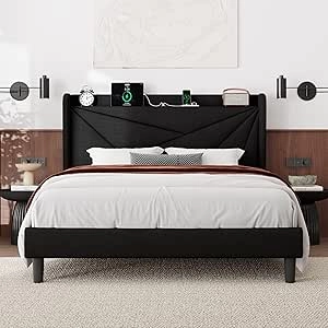 Full Size Bed Frame with Charging Station & Wingback Headboard | Linen Platform Bed