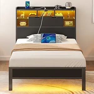 Twin Bed Frame with LED Lights, Charging Station & Storage Headboard | Rolanstar