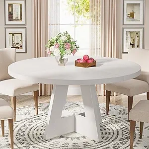 47 inch Round Dining Table for 4-6 - White Farmhouse Kitchen Table with Wood Top