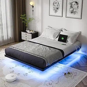 OLEVS Full Size Floating Bed Frame with LED Lights & USB Charging Station
