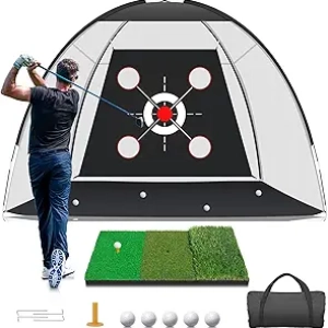 10x7FT Golf Net with Practice Mat & Target Pockets | Indoor/Outdoor Hitting Aid