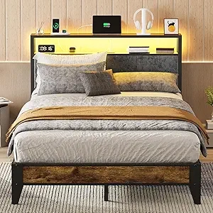 OLEVS Full Bed Frame with RGB LED Light, Storage Headboard & USB Type-C Charging Station