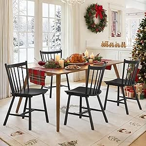 LUE BONA Set of 4 Farmhouse Dining Chairs - Black Windsor Kitchen Chairs with Spindle Back