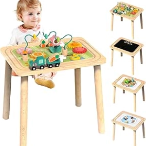 3-in-1 Wooden Baby Activity Table with 9 Montessori Toys for Toddlers 6-36 Months