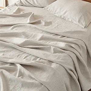 Bedsure Queen Size Linen Cotton Sheets - Breathable 4-Piece Bed Sheet Set