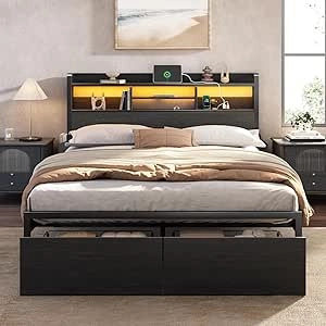 Full Size Bed Frame with Storage Drawers, LED Lights & Charging Station