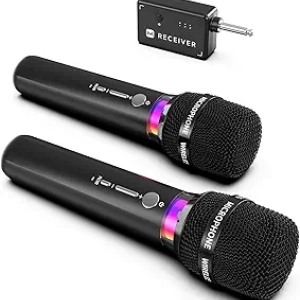 Professional Wireless Microphones 200ft Range, 40H Battery, LED Lights - Karaoke & Singing
