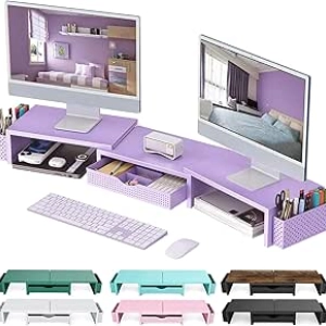 Dual Monitor Stand Riser with Drawer & Pen Holders | Purple Desk Organizer