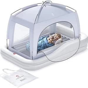 QPAU Inflatable Toddler Travel Bed with Tent & Safety Bumpers | Portable Kids Air Mattress