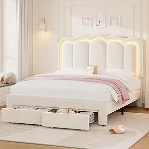 Full LED Upholstered Bed Frame with Storage Drawers & Charging Station