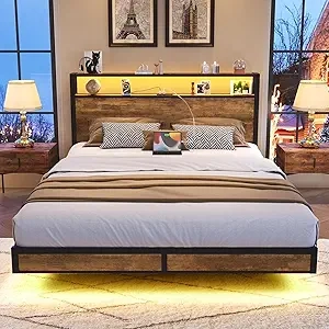 Queen Size Bed Frame with Storage Headboard, Charging Station & LED Lights | BedsPick