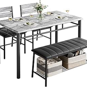 IRONCK Dining Table Set for 4 - Industrial Modern Kitchen Table with Bench & Chairs for Small Spaces