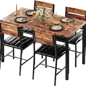 IRONCK 5-Piece Dining Table Set for 4 - Rustic Brown Kitchen Table with Upholstered Chairs