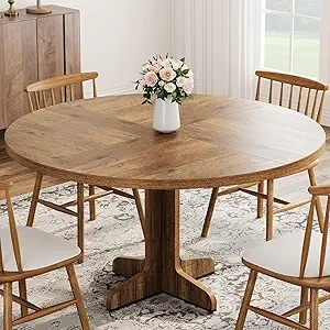47 Inch Round Dining Table for 4 - Rustic Brown Wooden Base Kitchen Table