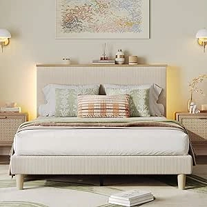 Bestier Queen Bed Frame with Adjustable Headboard & RGB LED Lights - Corduroy Platform Bed