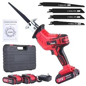 21V Cordless Reciprocating Saw - 3000RPM, 2 Batteries & 4 Blades Included