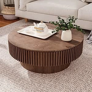Modern Round Coffee Table with Storage - 31.5'' Walnut Wood Center Table for Living Room