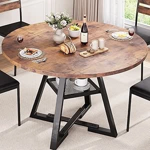 42 Inch Round Dining Table for 4-6 | Industrial Pedestal Kitchen Table with Storage