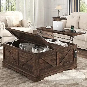 40" Farmhouse Lift Top Coffee Table with Power Outlets & Hidden Storage