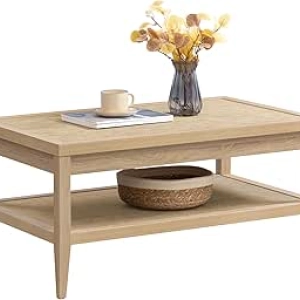 SICOTAS Rattan Coffee Table - Boho Rectangular Dining Center Table with Storage Shelves