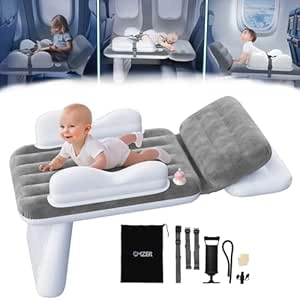 Omzer Inflatable Toddler Airplane Bed - Portable Kids Travel Bed with Cup Holder & Safety Belt