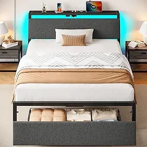 Twin Bed Frame with LED Lights, Storage & USB Charging Station | Rolanstar