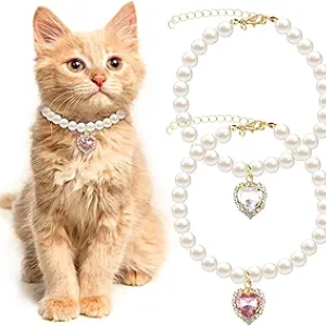 Cute Pearl Dog Cat Collar with Heart Rhinestone - Adjustable Fancy Necklace for Small Pets