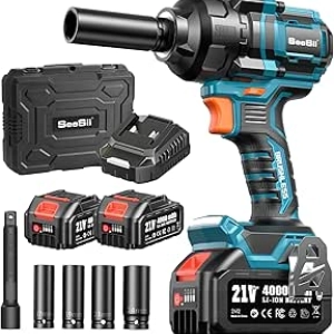 SEESII 886 Ft-lbs Impact Wrench 1/2" - 21V Cordless with 2 Batteries & Socket Set